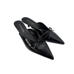 RONILURN Kitten Heel Mules Women 8 Black Crinkled Patent Bow ROP-2025001